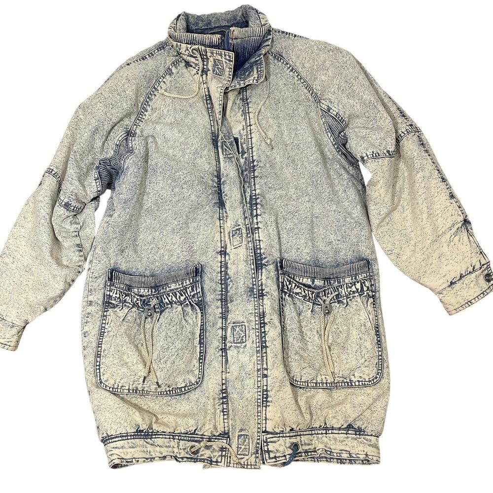 Vintage 1980s Light Acid Wash Denim Long Oversized Jacket East West Size Small